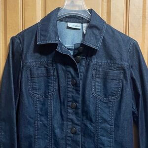 Chicos Platinum Ruffle Denim Jacket Size 1